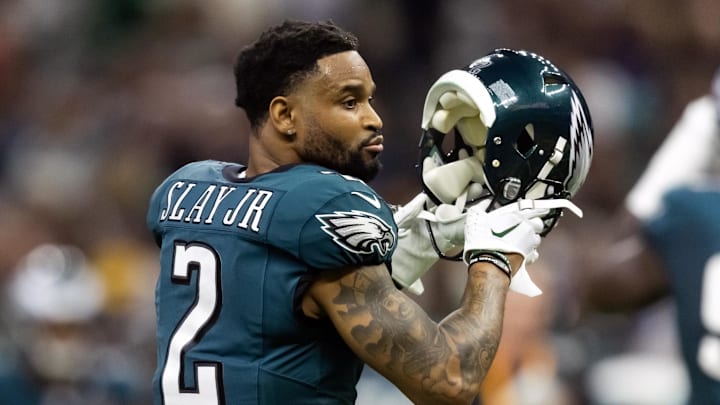 Feb 9, 2025; New Orleans, LA, USA; Philadelphia Eagles cornerback Darius Slay Jr. (2) against the Kansas City Chiefs during Super Bowl LIX at Ceasars Superdome. Mandatory Credit: Mark J. Rebilas-Imagn Images