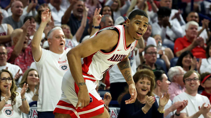 Mar 2, 2024; Tucson, Arizona, USA; Arizona Wildcats forward Keshad Johnson (16) makes a three point