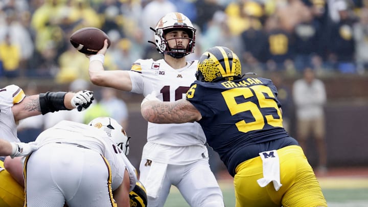 Sep 28, 2024; Ann Arbor, Michigan, USA; Minnesota Golden Gophers quarterback Max Brosmer (16) passes in the second half against the Michigan Wolverines at Michigan Stadium. Mandatory Credit: Rick Osentoski-Imagn Images Sep 28, 2024; Ann Arbor, Michigan, USA; Minnesota Golden Gophers quarterback Max Brosmer (16) passes in the second half against the Michigan Wolverines at Michigan Stadium. Mandatory Credit: Rick Osentoski-Imagn Images
