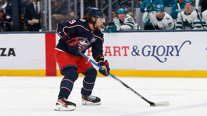 Mar 28, 2026; Columbus, Ohio, USA; Columbus Blue Jackets defenseman Ivan Provorov (9) looks to pass against the San Jose Sharks during the first period at Nationwide Arena. Mandatory Credit: Russell LaBounty-Imagn Images Mar 28, 2026; Columbus, Ohio, USA; Columbus Blue Jackets defenseman Ivan Provorov (9) looks to pass against the San Jose Sharks during the first period at Nationwide Arena. Mandatory Credit: Russell LaBounty-Imagn Images
