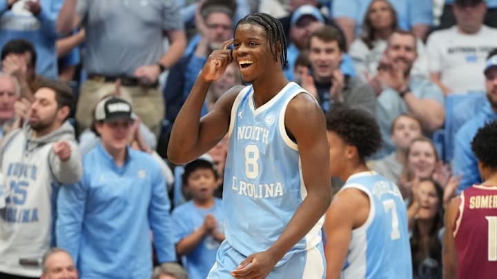 Dec 30, 2025; Chapel Hill, North Carolina, USA; North Carolina Tar Heels forward Caleb Wilson (8) reacts in the first half at Dean E. Smith Center. Mandatory Credit: Bob Donnan-Imagn Images
