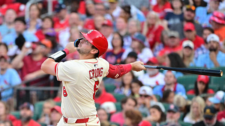 Sep 6, 2025; St. Louis, Missouri, USA; St. Louis Cardinals catcher Jimmy Crooks (8) bats against the San Francisco Giants at Busch Stadium. Mandatory Credit: Tim Vizer-Imagn Images