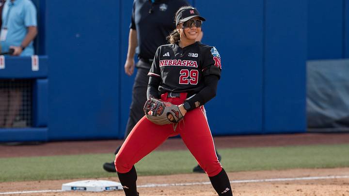 May 30, 2026; Oklahoma City, OK, USA; Nebraska Cornhuskers utility Samantha Bland (29) reacts after catching a line drive for an out in the second inning against the Alabama Crimson Tide during the NCAA Women’s College World Series at Devon Park. Mandatory Credit: Brett Rojo-Imagn Images May 30, 2026; Oklahoma City, OK, USA; Nebraska Cornhuskers utility Samantha Bland (29) reacts after catching a line drive for an out in the second inning against the Alabama Crimson Tide during the NCAA Women’s College World Series at Devon Park. Mandatory Credit: Brett Rojo-Imagn Images