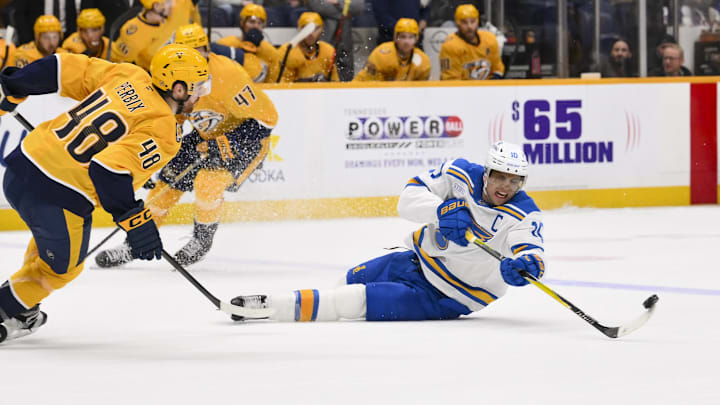 Feb 2, 2026; Nashville, Tennessee, USA;  St. Louis Blues center Brayden Schenn (10) flips the puck against the St. Louis Blues during the third period at Bridgestone Arena. Mandatory Credit: Steve Roberts-Imagn Images