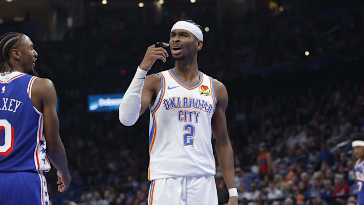 Dec 28, 2025; Oklahoma City, Oklahoma, USA; Oklahoma City Thunder guard Shai Gilgeous-Alexander (2) reacts after a play against the Philadelphia 76ers during the second quarter at Paycom Center. Mandatory Credit: Alonzo Adams-Imagn Images