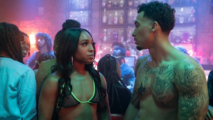 Beauty In Black. (L to R) Taylor Polidore Williams as Kimmie, Xavier Smalls as Angel in episode 104 of Beauty In Black