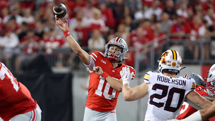 Oct 4, 2025; Columbus, Ohio, USA; Ohio State Buckeyes quarterback Julian Sayin (10) drops back to pass during the first quarter against the Minnesota Golden Gophers at Ohio Stadium. Mandatory Credit: Joseph Maiorana-Imagn Images