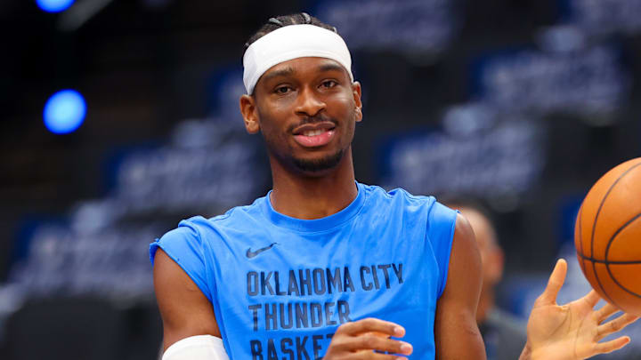 May 18, 2024; Dallas, Texas, USA; Oklahoma City Thunder guard Shai Gilgeous-Alexander (2) warms up before game six against the Dallas Mavericks in the second round of the 2024 NBA playoffs at American Airlines Center. Mandatory Credit: Kevin Jairaj-Imagn Images