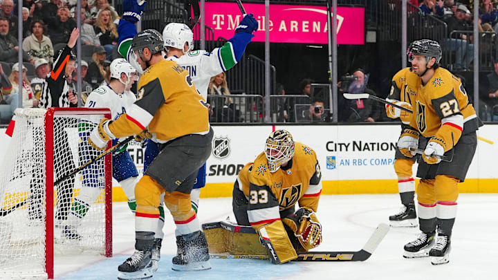 Mar 7, 2024; Las Vegas, Nevada, USA; Vancouver Canucks center Elias Pettersson (40) celebrates a goal against Vegas Golden Knights