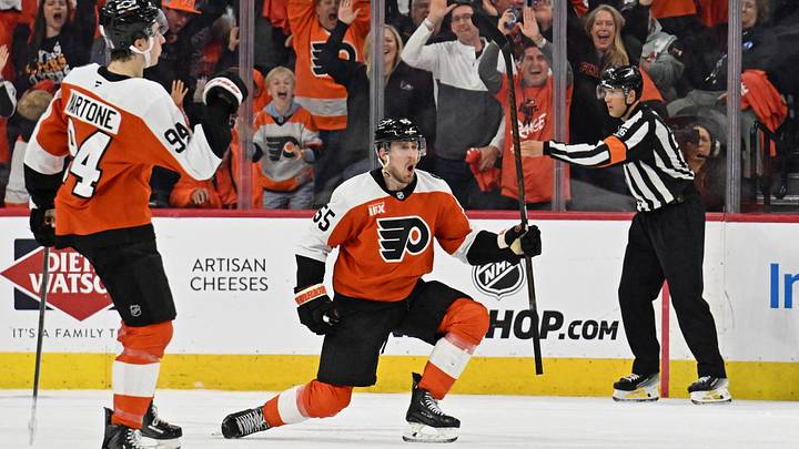 Apr 22, 2026; Philadelphia, Pennsylvania, USA; Philadelphia Flyers defenseman Rasmus Ristolainen (55) celebrates his goal with right wing Porter Martone (94) against the Pittsburgh Penguins during the second period in game three of the first round of the 2026 Stanley Cup Playoffs at Xfinity Mobile Arena.