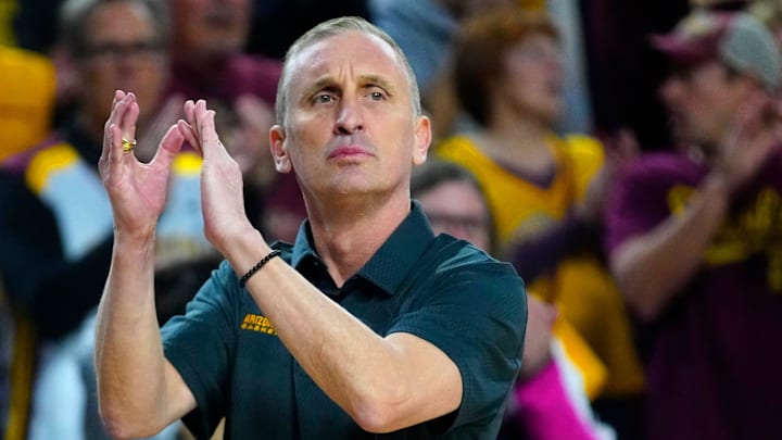 Arizona State head coach Bobby Hurley claps for his team during a game against Iowa State at Desert Financial Arena on Jan. 25, 2025 in Tempe.