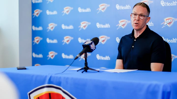 Sam Presti speaks to the press in Oklahoma City, on Tuesday, May 28, 2024.