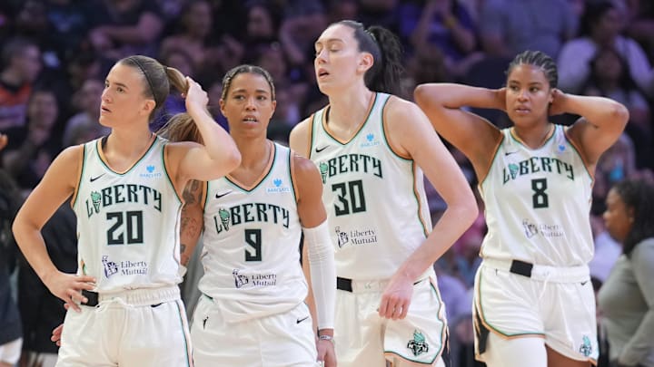 Jun 27, 2025; Phoenix, Arizona, USA; New York Liberty guard Sabrina Ionescu (20) and New York Liberty guard Natasha Cloud (9) and New York Liberty forward Breanna Stewart (30) and New York Liberty center Nyara Sabally (8) look on against the Phoenix Mercury during the second half at Footprint Center. Mandatory Credit: Joe Camporeale-Imagn Images