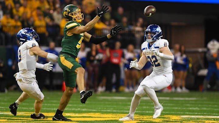 North Dakota State Bison wide receiver Bryce Lance (5) misses the catch during the second quarter on Saturday, Dec. 21, 2024, at Fargodome in Fargo, Nouth Dakota.
