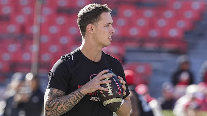 Then Georgia Bulldogs quarterback Carson Beck (15) shown on the field prior to the game against the Massachusetts Minutemen at Sanford Stadium. Then Georgia Bulldogs quarterback Carson Beck (15) shown on the field prior to the game against the Massachusetts Minutemen at Sanford Stadium.