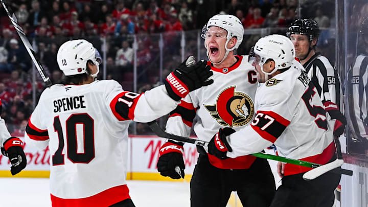 Dec 2, 2025; Montreal, Quebec, CAN; Ottawa Senators left wing Brady Tkachuk (7) celebrates with his teammates his goal against the Montreal Canadiens during the third period at Bell Centre. Mandatory Credit: David Kirouac-Imagn Images Dec 2, 2025; Montreal, Quebec, CAN; Ottawa Senators left wing Brady Tkachuk (7) celebrates with his teammates his goal against the Montreal Canadiens during the third period at Bell Centre. Mandatory Credit: David Kirouac-Imagn Images