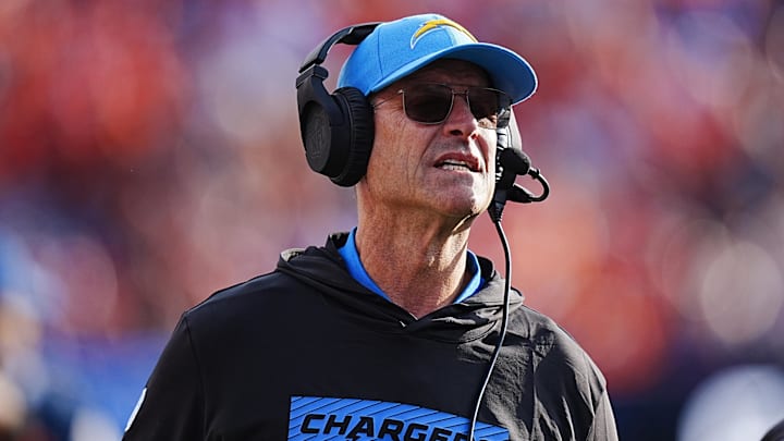 Oct 13, 2024; Denver, Colorado, USA; Los Angeles Chargers head coach Jim Harbaugh during the second half against the Denver Broncos at Empower Field at Mile High.