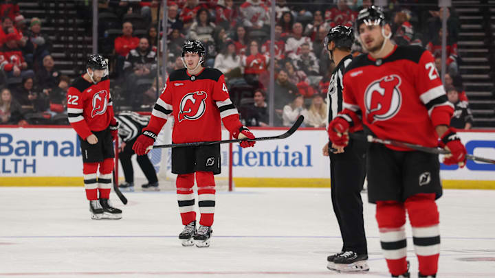 New Jersey Devils defenseman Luke Hughes (43) skates off the ice. Mandatory Credit: Ed Mulholland-Imagn Images New Jersey Devils defenseman Luke Hughes (43) skates off the ice. Mandatory Credit: Ed Mulholland-Imagn Images