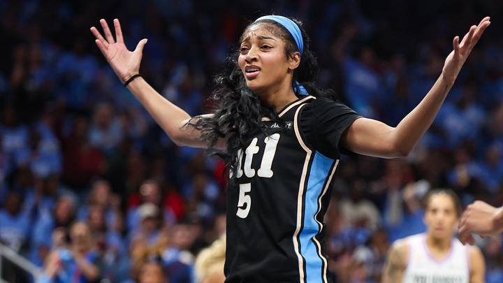 Oct 21, 2026; Atlanta, Georgia, USA; Atlanta Dream forward Angel Reese (5) reacts after a basket against the Golden State Valkyries in the second quarter during game three of the 2026 WNBA Finals at State Farm Arena. Mandatory Credit: Brett Davis-Imagn Images