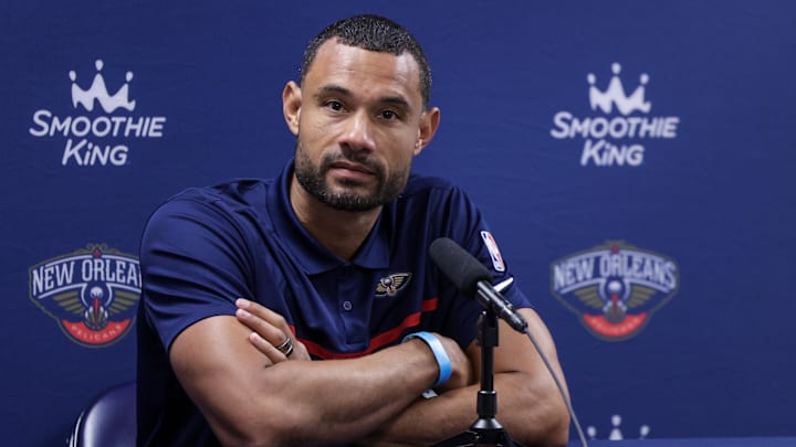 Sep 26, 2022; New Orleans, LA, USA;  New Orleans Pelicans general manager Trajan Langdon during a press conference at the New Orleans Pelicans Media Day from the Smoothie King Center. Mandatory Credit: Stephen Lew-Imagn Images