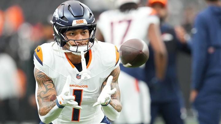 Dec 7, 2025; Paradise, Nevada, USA;  Denver Broncos tight end Evan Engram (1) warms up prior to a game against the Las Vegas Raiders at Allegiant Stadium. Mandatory Credit: Stephen R. Sylvanie-Imagn Images