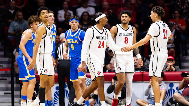 San Diego State and UCLA players during an exhibition game at Viejas Arena in San Diego. San Diego State and UCLA players during an exhibition game at Viejas Arena in San Diego.