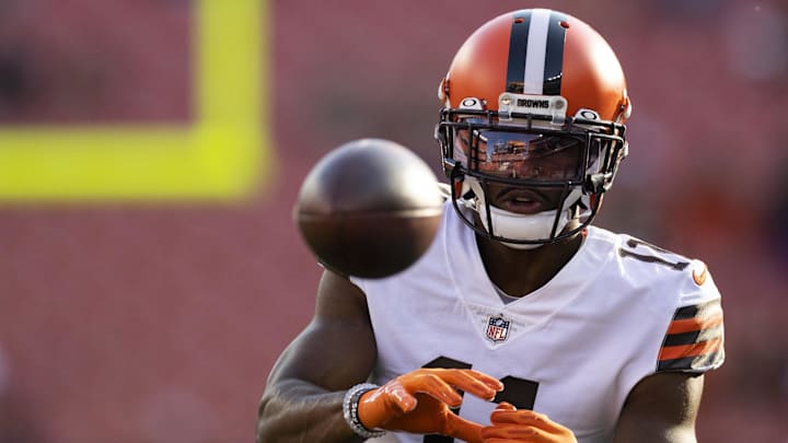Aug 27, 2022; Cleveland, Ohio, USA; Cleveland Browns wide receiver Donovan Peoples-Jones (11) catches the ball during warm ups before the game against the Chicago Bears at FirstEnergy Stadium.