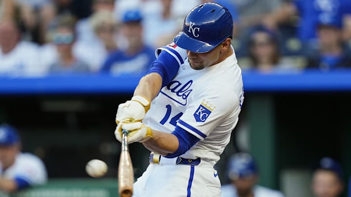 Jul 8, 2025; Kansas City, Missouri, USA; Kansas City Royals right fielder Jac Caglianone (14) hits a home run during the second inning against the Pittsburgh Pirates at Kauffman Stadium. Mandatory Credit: Jay Biggerstaff-Imagn Images Jul 8, 2025; Kansas City, Missouri, USA; Kansas City Royals right fielder Jac Caglianone (14) hits a home run during the second inning against the Pittsburgh Pirates at Kauffman Stadium. Mandatory Credit: Jay Biggerstaff-Imagn Images