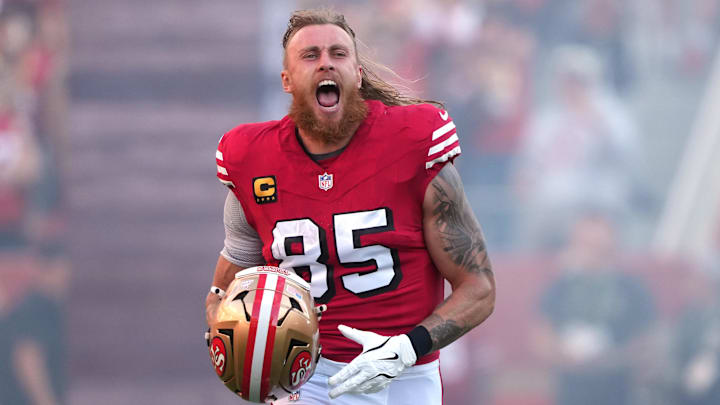 Oct 19, 2025; Santa Clara, California, USA; San Francisco 49ers tight end George Kittle (85) before the game against the Atlanta Falcons at Levi's Stadium. Oct 19, 2025; Santa Clara, California, USA; San Francisco 49ers tight end George Kittle (85) before the game against the Atlanta Falcons at Levi's Stadium.