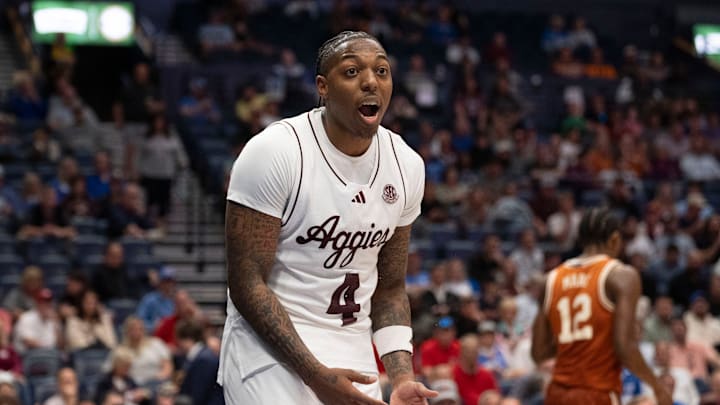 Texas A&M Aggies guard Wade Taylor IV (4) reacts during their second round game of the SEC Men's Basketball Tournament at Bridgestone Arena in Nashville, Tenn., Thursday, March 13, 2025.