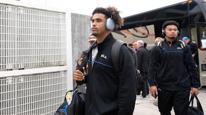 Oct 14, 2023; Corvallis, Oregon, USA; UCLA Bruins quarterback Dante Moore (3) arrives prior to the game against the Oregon State Beavers at Reser Stadium. Mandatory Credit: Soobum Im-Imagn Images