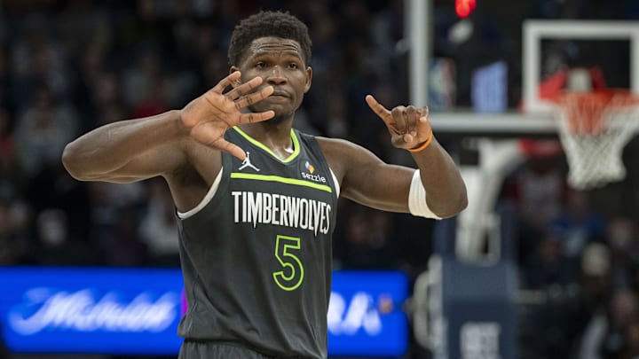 Minnesota Timberwolves guard Anthony Edwards reacts in the second half against the Golden State Warriors at Target Center in Minneapolis on Jan. 15, 2025.
