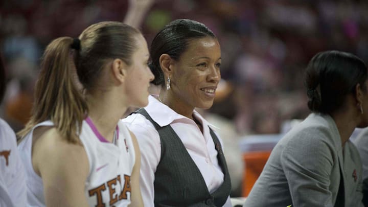 Feb 25 2012; Austin, TX, USA; Texas Longhorns assistant coach Edwina Brown reacts against the Oklahoma Sooners during the first half at the Frank Erwin Center. Texas beat Oklahoma 87-62. Mandatory Credit: Brendan Maloney-Imagn Images