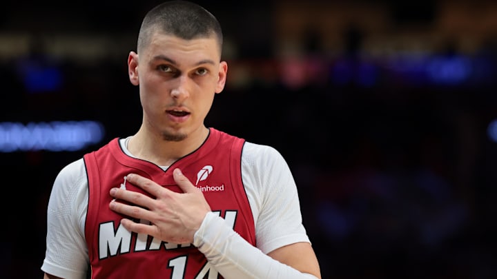 Miami Heat guard Tyler Herro (14) looks on (Mandatory Credit: Sam Navarro-Imagn Images)