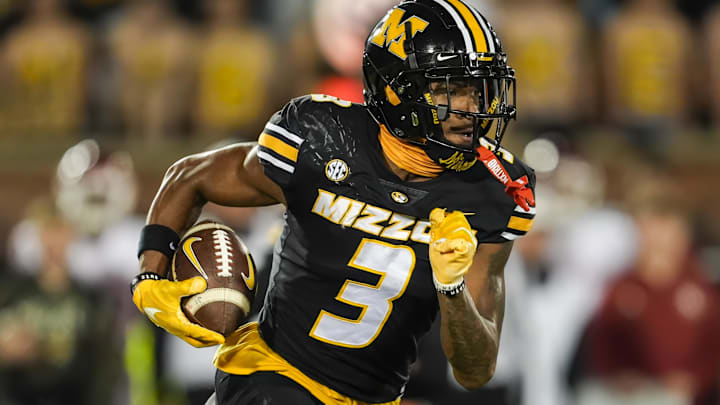 Nov 9, 2024; Columbia, Missouri, USA; Missouri Tigers wide receiver Luther Burden III (3) runs with the ball during the first half against the Oklahoma Sooners at Faurot Field at Memorial Stadium. Mandatory Credit: Jay Biggerstaff-Imagn Images
