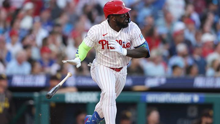 Philadelphia Phillies right fielder Adolis Garcia (53) hits an RBI double against the San Diego Padres.