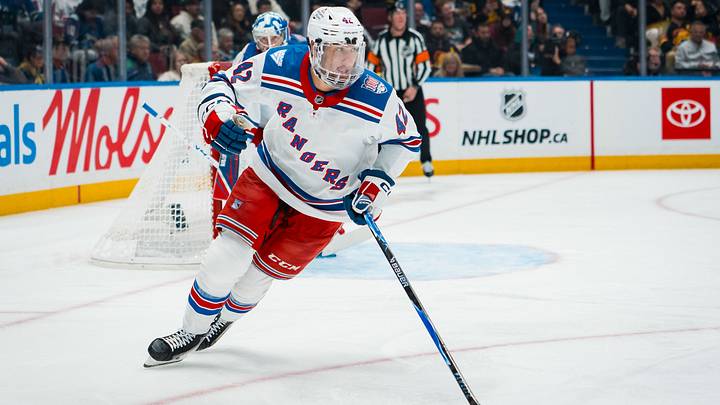 Oct 28, 2025; Vancouver, British Columbia, CAN; New York Rangers forward Noah Laba (42) skates against the Vancouver Canucks in the second period at Rogers Arena. Mandatory Credit: Bob Frid-Imagn Images Oct 28, 2025; Vancouver, British Columbia, CAN; New York Rangers forward Noah Laba (42) skates against the Vancouver Canucks in the second period at Rogers Arena. Mandatory Credit: Bob Frid-Imagn Images