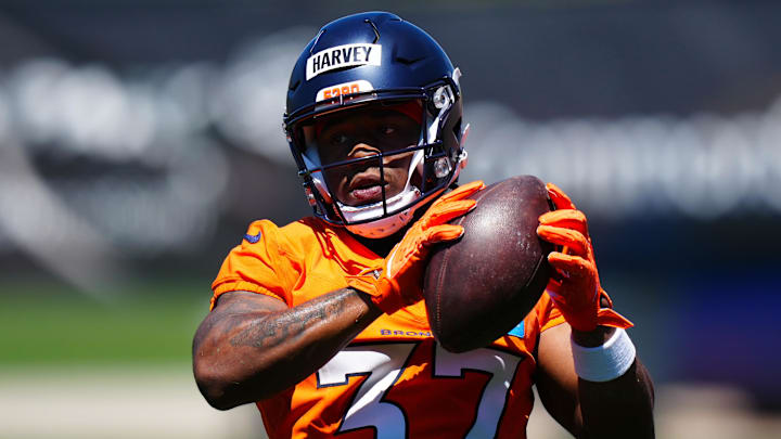 May 10, 2025; Englewood, CO, USA; Denver Broncos running back RJ Harvey (37) during rookie minicamp at Broncos Park Powered by CommonSpirit. Mandatory Credit: Ron Chenoy-Imagn Images