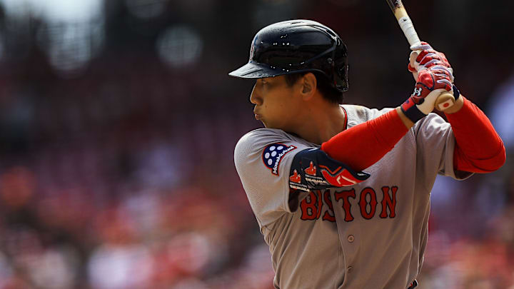 Mar 29, 2026; Cincinnati, Ohio, USA; Boston Red Sox outfielder Masataka Yoshida (7) at bat in the third inning against the Cincinnati Reds at Great American Ball Park. Mandatory Credit: Katie Stratman-Imagn Images