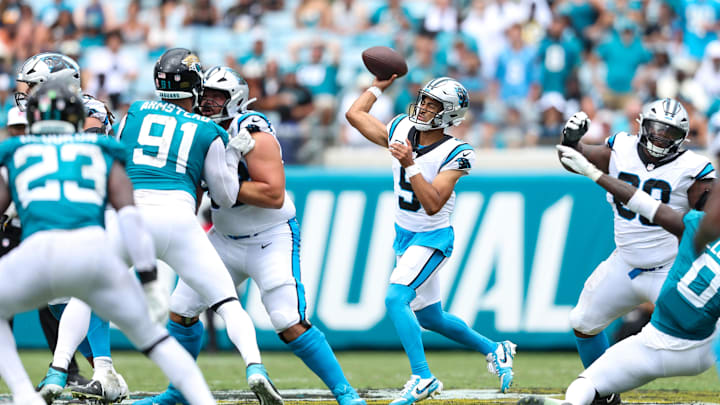 Sep 7, 2025; Jacksonville, Florida, USA; Carolina Panthers quarterback Bryce Young (9) throws downfield against the Jacksonville Jaguars during the first half at EverBank Stadium. Mandatory Credit: Morgan Tencza-Imagn Images