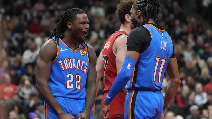 Dec 5, 2024; Toronto, Ontario, CAN; Oklahoma City Thunder guard Cason Wallace (22) reacts after making a basket against the Toronto Raptors during the second half at Scotiabank Arena. Mandatory Credit: John E. Sokolowski-Imagn Images