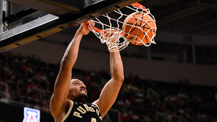 Mar 28, 2026; San Jose, CA, USA; Purdue Boilermakers forward Trey Kaufman-Renn (4) dunks the ball against the Arizona Wildcats in the second half during an Elite Eight game of the West Regional of the men's 2026 NCAA Tournament at SAP Center.