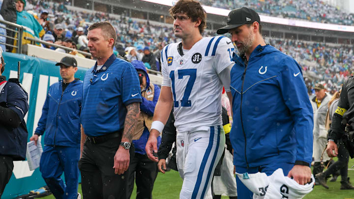Dec 7, 2025; Jacksonville, Florida, USA; Indianapolis Colts quarterback Daniel Jones (17) leaves the field with an apparent injury against the Jacksonville Jaguars during the first half at EverBank Stadium. Mandatory Credit: Matt Pendleton-Imagn Images Dec 7, 2025; Jacksonville, Florida, USA; Indianapolis Colts quarterback Daniel Jones (17) leaves the field with an apparent injury against the Jacksonville Jaguars during the first half at EverBank Stadium. Mandatory Credit: Matt Pendleton-Imagn Images