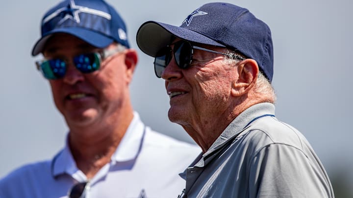 Dallas Cowboys owner Jerry Jones and chief operating officer Stephen Jones (left) during training camp at the Marriott Residence Inn-River Ridge playing fields.