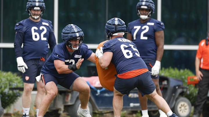 Drew Dalman works against Bears guard Luke Newman in a blocking drill at camp. Drew Dalman works against Bears guard Luke Newman in a blocking drill at camp.