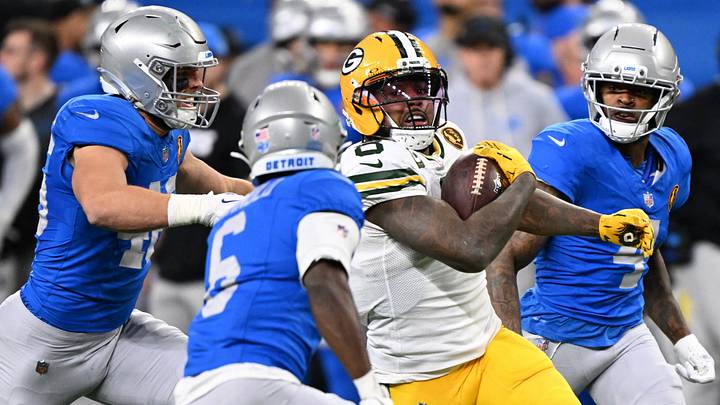 Nov 27, 2025; Detroit, Michigan, USA; Green Bay Packers running back Josh Jacobs (8) runs the ball against Detroit Lions cornerback Terrion Arnold (6) during the second quarter at Ford Field. Mandatory Credit: Lon Horwedel-Imagn Images Nov 27, 2025; Detroit, Michigan, USA; Green Bay Packers running back Josh Jacobs (8) runs the ball against Detroit Lions cornerback Terrion Arnold (6) during the second quarter at Ford Field. Mandatory Credit: Lon Horwedel-Imagn Images