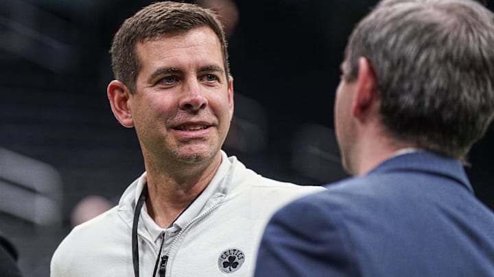 Feb 6, 2025; Boston, Massachusetts, USA; Boston Celtics general manager Brad Stevens on the court before the start of the game against the Dallas Mavericks at TD Garden.