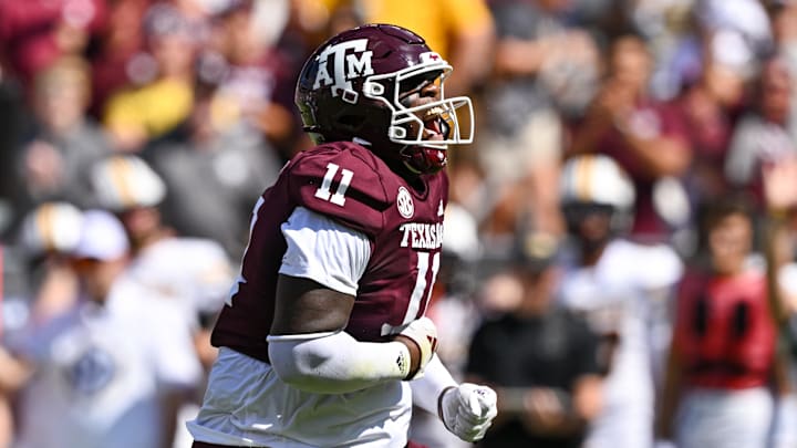 Oct 5, 2024; College Station, Texas, USA; Texas A&M Aggies defensive lineman Nic Scourton (11) reacts after sacking Missouri Tigers quarterback Brady Cook (not pictured) in the first quarter at Kyle Field. Mandatory Credit: Maria Lysaker-Imagn Images. Oct 5, 2024; College Station, Texas, USA; Texas A&M Aggies defensive lineman Nic Scourton (11) reacts after sacking Missouri Tigers quarterback Brady Cook (not pictured) in the first quarter at Kyle Field. Mandatory Credit: Maria Lysaker-Imagn Images.