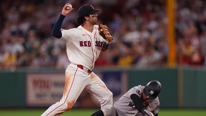 Jun 25, 2026; Boston, Massachusetts, USA; Boston Red Sox shortstop Marcelo Mayer (11) makes the out at second base against New York Yankees shortstop Anthony Volpe (11) in the ninth inning at Fenway Park. Mandatory Credit: David Butler II-Imagn Images Jun 25, 2026; Boston, Massachusetts, USA; Boston Red Sox shortstop Marcelo Mayer (11) makes the out at second base against New York Yankees shortstop Anthony Volpe (11) in the ninth inning at Fenway Park. Mandatory Credit: David Butler II-Imagn Images