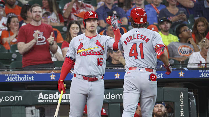 Jun 3, 2024; Houston, Texas, USA; St. Louis Cardinals right fielder Alec Burleson (41) celebrates with second baseman Nolan Gorman (16) after hitting a home run during the first inning against the Houston Astros at Minute Maid Park. Mandatory Credit: Troy Taormina-Imagn Images